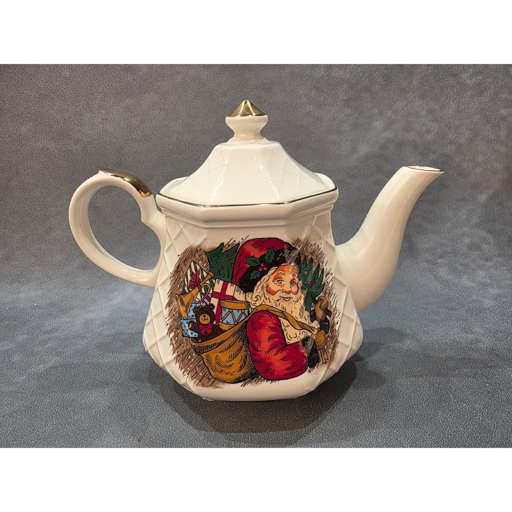 Vintage Celebrate! Santa Claus Ceramic Teapot Gold Trim Made in Japan Hexagonal